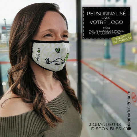  Lifestyle d'une femme dans les transports en commun portant le masque personnalisé COVID-19 avec logo ou autre, offert chez Diamodesign.