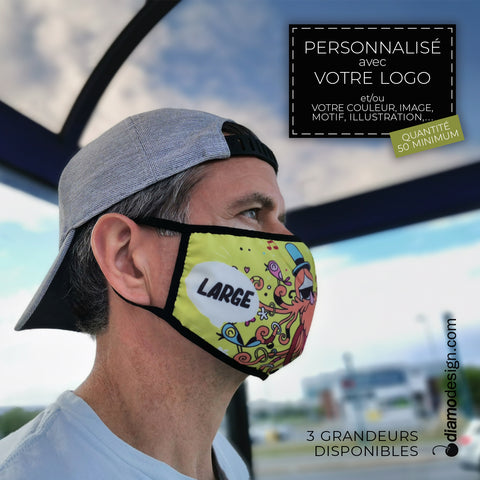  Lifestyle d'un homme dans les transports en commun portant un masque de protection COVID personnalisé avec logo, offert chez Diamodesign.
